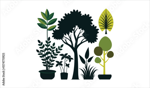 Collection of stylized potted plants and trees