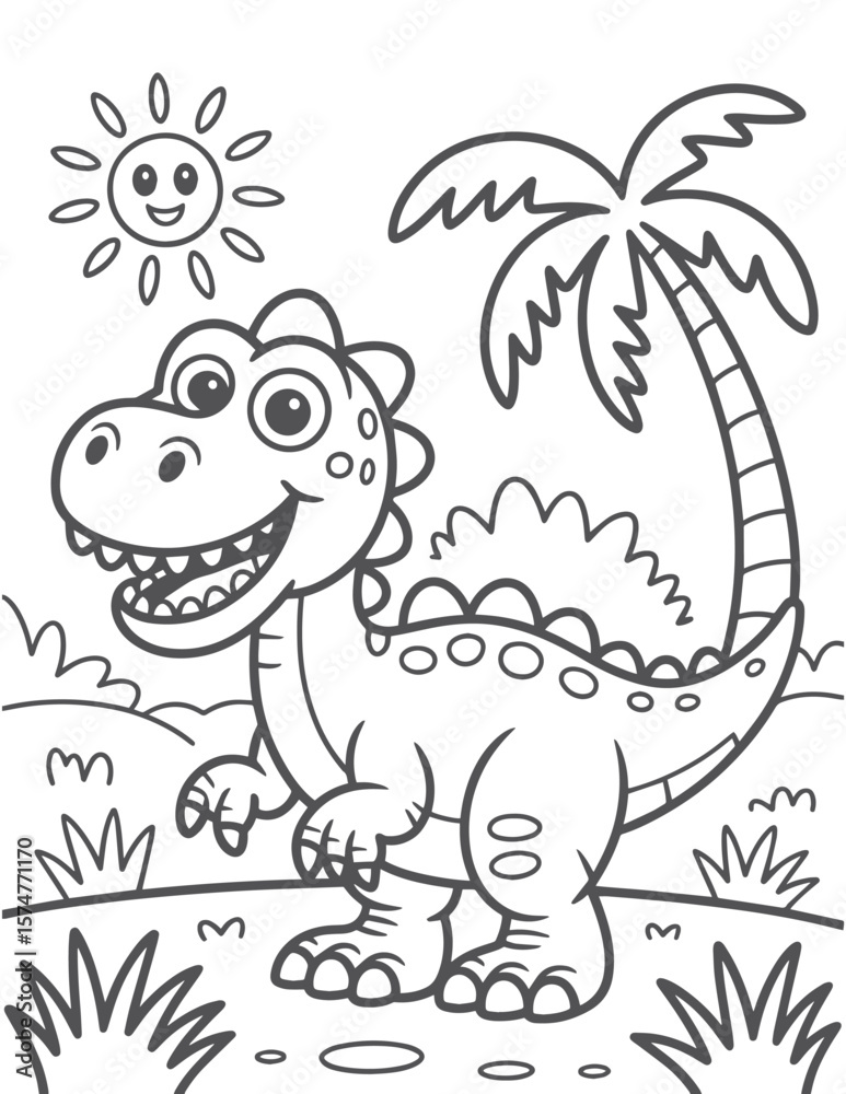Obraz premium Happy dinosaur under a smiling sun with palm tree cartoon prehistoric