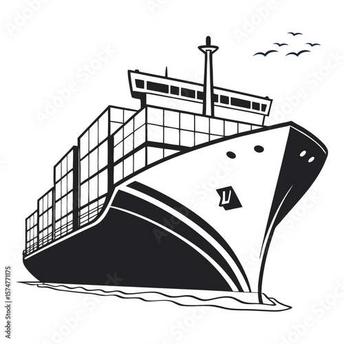 Stylized black and white illustration of a large container ship sailing on the water isolated on white background