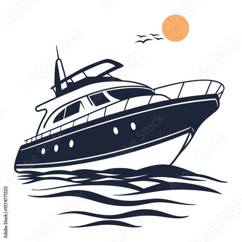 Sleek yacht sailing through calm waters under a warm sun isolated on white background