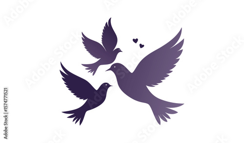 Three purple doves in flight with hearts