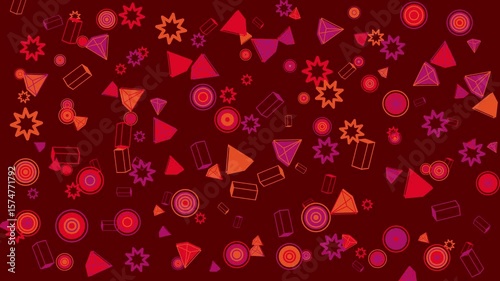 Maroon background with colorful geometric shapes. Abstract seamless memphis loop video for presentation, intro, outro, and social media.