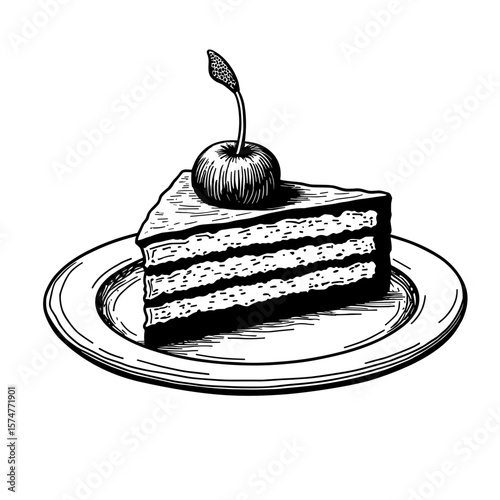 Layered cake slice with cherry in engraved style for pastry shop branding and dessert illustrations