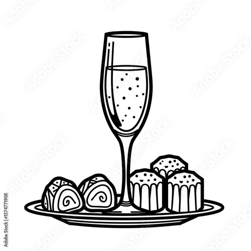 Truffle and champagne set on plate in outline style for holiday catering branding and festive packaging