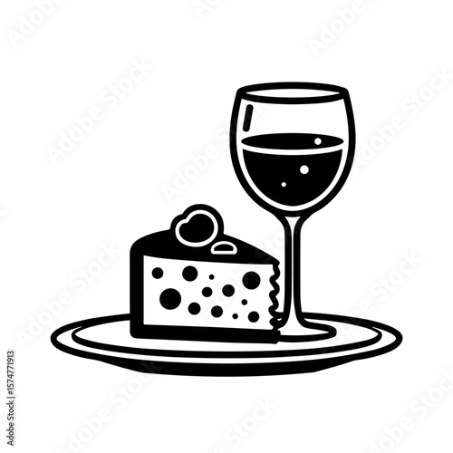 Cake and wine glass combo on plate in sketch style for event menu design and elegant branding