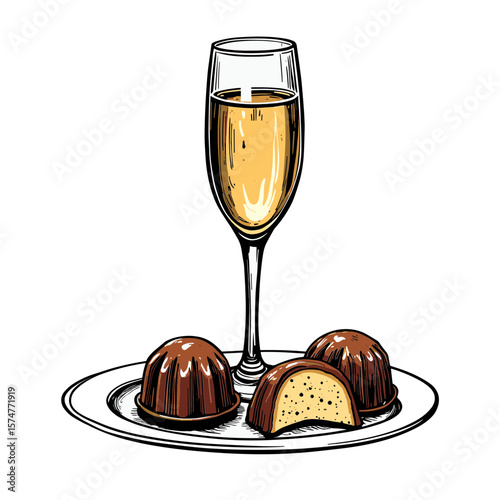 Dessert and champagne combo on tray for premium holiday product packaging and catering illustrations