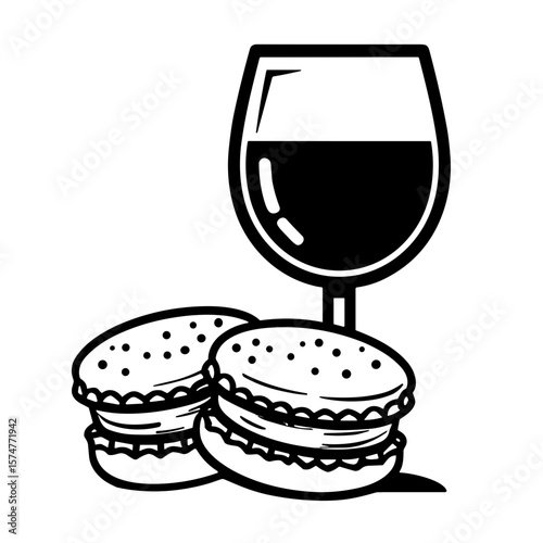 Macarons and wine glass combo in minimalistic style for gourmet branding and patisserie packaging
