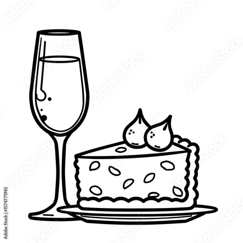 Cake and wine combo in minimalistic style for celebration menus and digital product design