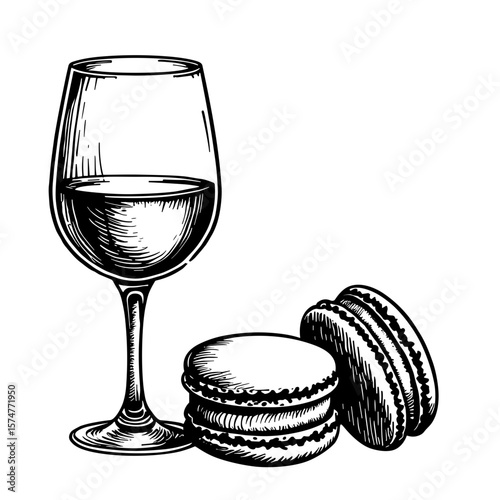 Macarons and wine glass set in hand-drawn engraved style for patisserie identity and wine event invitations
