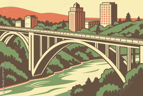 Spokane aerial view of Post Street Bridge, ideal for tourism, cityscape, or Washington-themed ads.