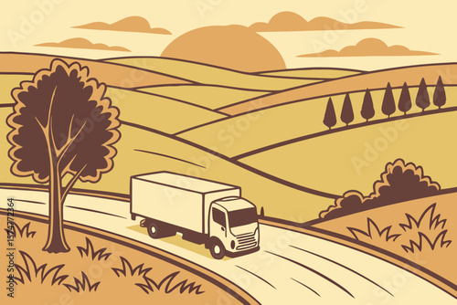 White truck arriving on rural road at sunset, ideal for delivery, logistics, or transport-themed advertising.