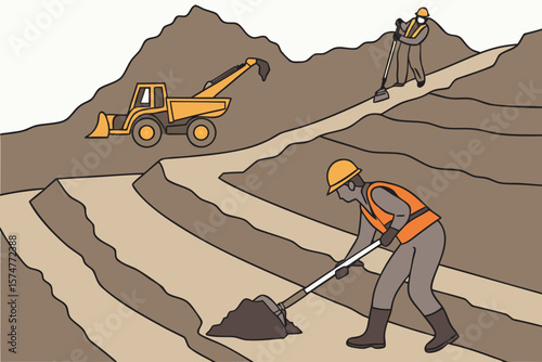 Coal workers at open pit mine, ideal for mining, energy, or industrial workforce-themed ads.