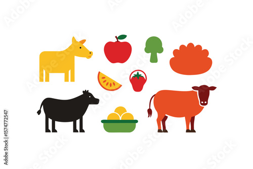 Hand Drawn Farm Animals And Food Icons On White Background