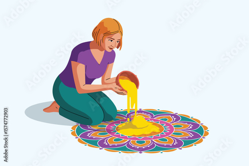 Woman Creating Vibrant Rangoli Design with Yellow Powder