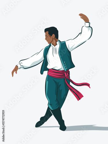 Man in traditional folk costume performs elegant ballet dance with graceful arm movements