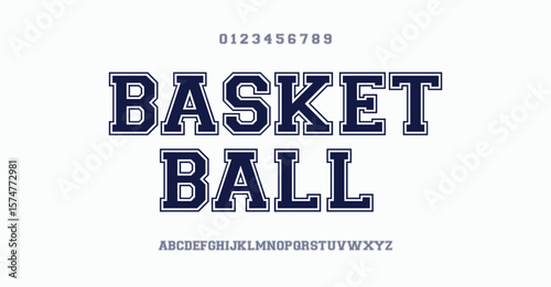Classic college font. Vintage sport serif font in american style for football, soccer, baseball and basketball. Alphabet and numbers with outline in varsity style
