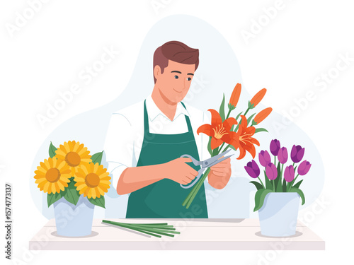 Skilled florist carefully arranging a beautiful bouquet of vibrant orange lilies and purple tulips