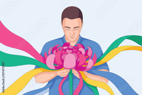 Man holding a vibrant pink flower with colorful ribbons flowing outwards symbolizing connection and growth