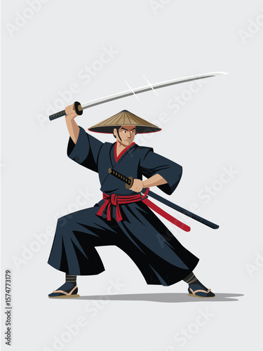 Samurai warrior in traditional attire with katana sword in defensive stance