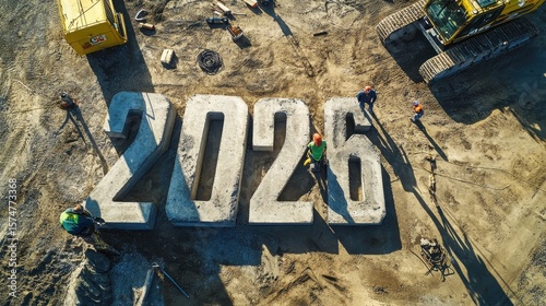 Construction Workers Setting Bold Numbers for New Year 2026 Project
