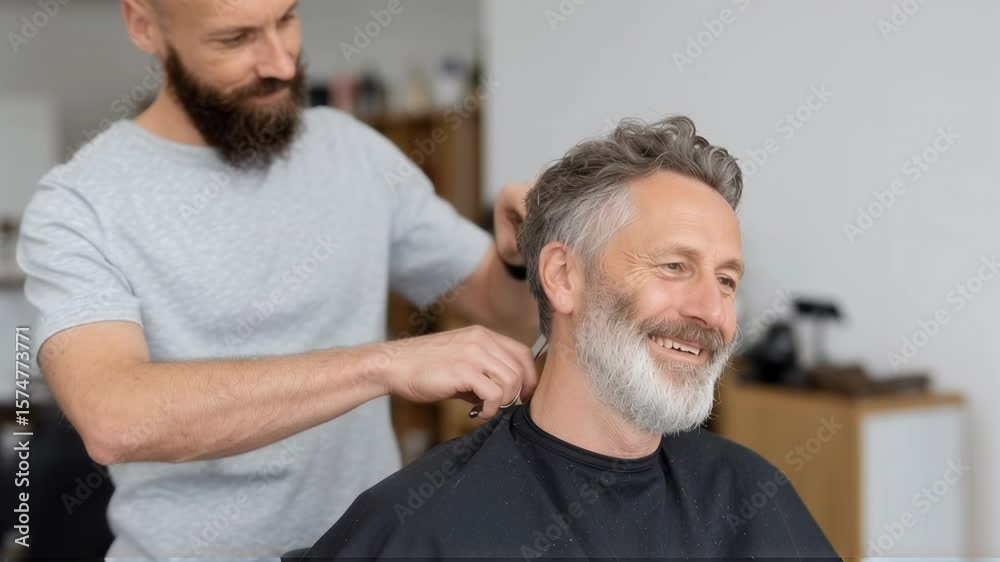 Senior man getting haircut from bearded barber in salon. Mature client smiling during grooming. Professional hair styling for older gentleman. Barbershop service.
