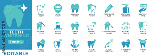 Teeth whitening vector icons for dental care, clean look, editable set