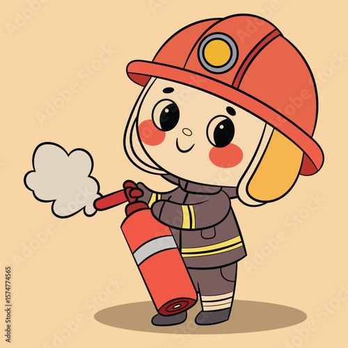 Cute fireman holding a fire extinguisher cartoon vector illustration