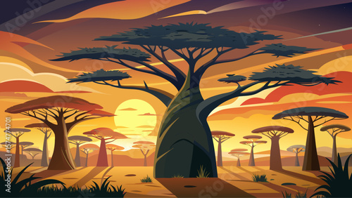Ruaha National Park, Tanzania – Baobab silhouettes stand against wide plains. Dust swirls underneath sunset sky, painting remote wilderness.