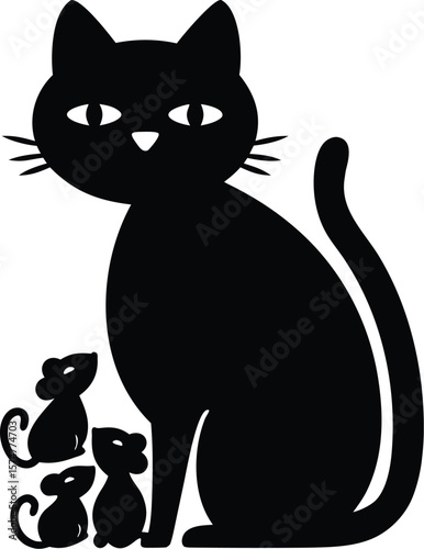 Cat sitting with mice silhouette featuring curved tail and playful companions for whimsical animal icon