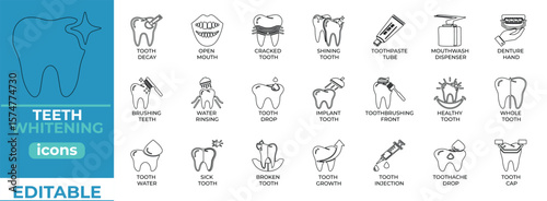 Teeth whitening vector icons for dental care, clean look, editable set