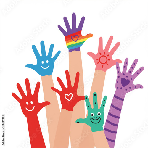 Diverse Colorful Painted Hands Raised Up Illustration