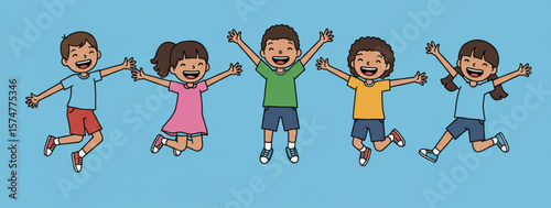 Happy Diverse Group of Kids Jumping Illustration