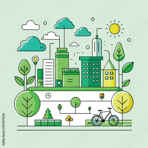 Eco-Friendly Cityscape with Trees, Buildings, and Bicycle