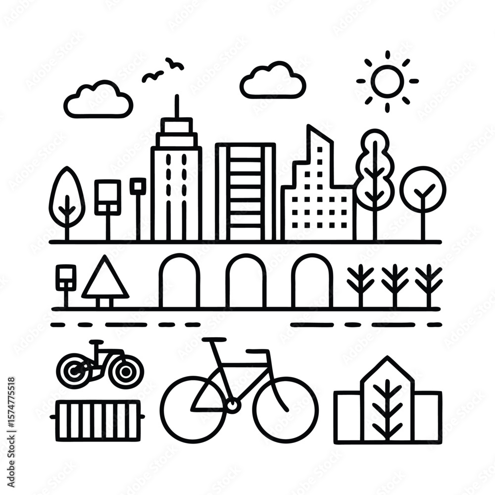 Naklejka premium Cityscape with Bikes and Nature Elements