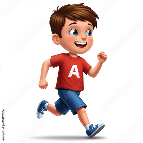 Happy Cartoon Boy Running - Isolated Illustration of Cheerful Kid Jogging or Exercising