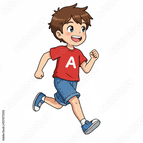 Happy Cartoon Boy Running Isolated on White Background