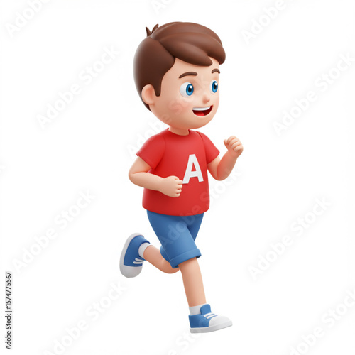 3D Render of a Cartoon Boy Running on White Background