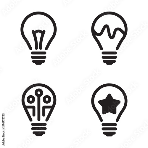Light Bulb Icons Set Idea, Innovation, Circuitry & Star Concepts. Creative Solution & Bright Thinking Symbols for Business, Technology & Learning. Light Vector Collection.eps