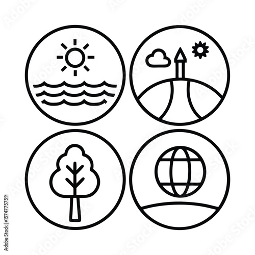 Environmental Icons Sun, Sea, Lighthouse, Tree, and Globe Symbols
