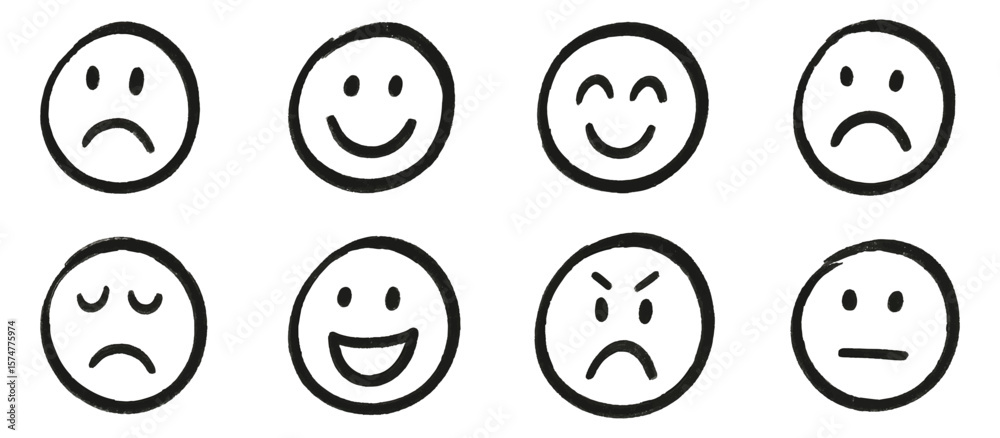Hand drawn doodle emoticons set. Chalk or marker style faces with various expressions isolated on transparent