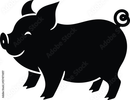 Pig silhouette with rounded body, short legs, and curly tail for farm animal icon