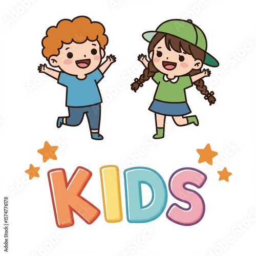 Happy Cartoon Kids Jumping with Colorful Kids Text Illustration