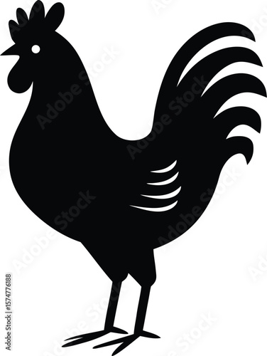 Rooster silhouette with upright stance, arched tail feathers, and comb detail for bold farm icon
