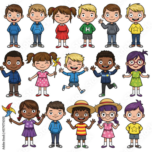 Diverse Group of Happy Cartoon Children Illustration
