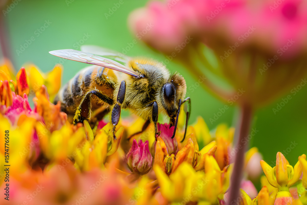 Fototapeta premium Close-Up of a Bee on Colorful Flowers