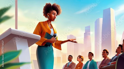 Woman giving presentation cityscape illustration