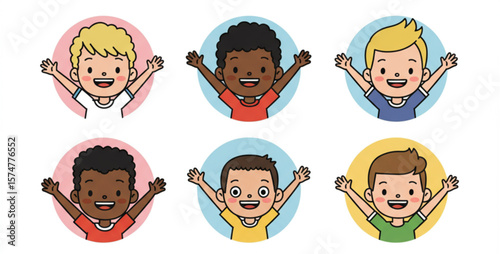 Diverse Happy Cartoon Boys Smiling and Waving in Circle Avatars