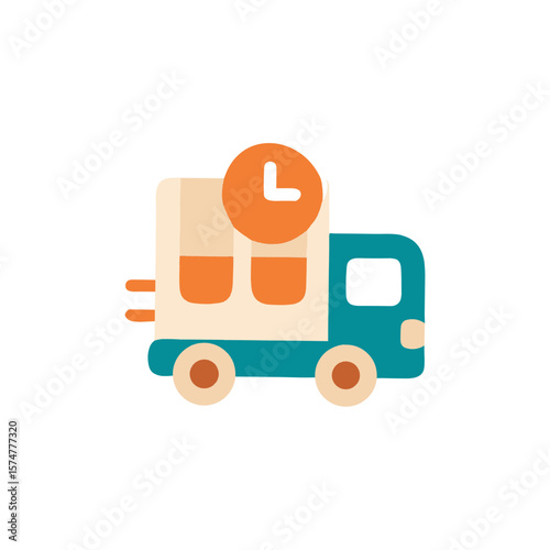 Colorful delivery truck illustration with clock symbol, representing fast shipping and logistics services, ideal for transportation and delivery concepts in modern design