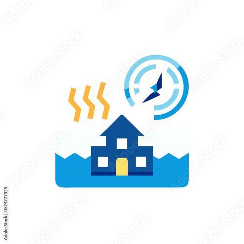 Illustration of a house surrounded by water, with rising temperature indicators and a compass, symbolizing climate change and its impact on residential areas and communities