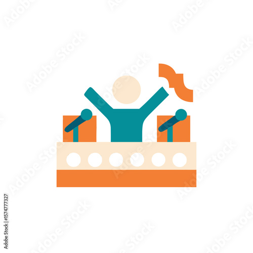 Colorful flat illustration of a joyful speaker with raised arms at a podium, surrounded by microphones, conveying excitement and engagement in a public speaking event